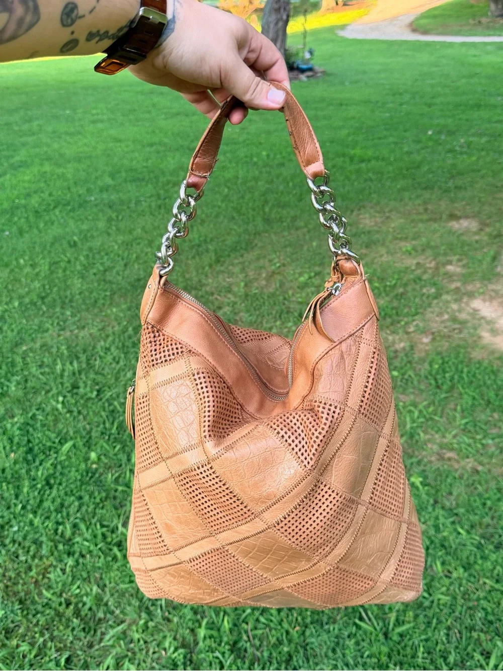 b. makowsky Tan Patchwork Leather Hobo with Chain Accent